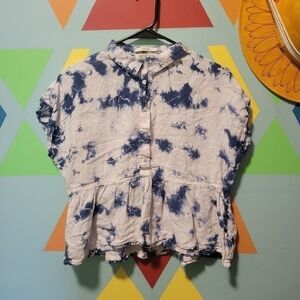 Rachel Zoe Women's Linen Blouse White And Blue Tie Dye Ruffle Hem  Size Medium